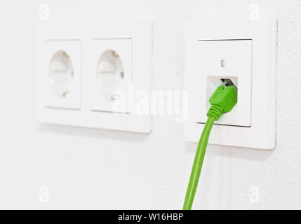 Green network cable in wall outlet for office or private home lan ethernet connection with power outlets flat view on white plaster wall background - Stock Photo