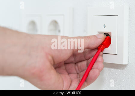 Man plugs red network cable in wall outlet for office or private home lan ethernet connection with power outlets flat view on white plaster wall backg Stock Photo