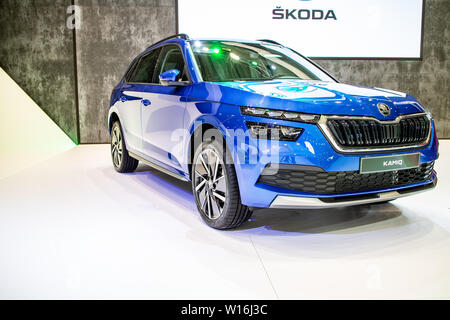 Poznan, Poland, March 2019: metallic blue Skoda Kamiq at Poznan International Motor Show, MQB A0 subcompact SUV produced by Skoda Auto Stock Photo