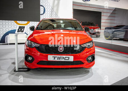 Poznan, Poland, March 2019: red Fiat Tipo Hatchback (5-door) at Poznan International Motor Show, manufactured and marketed by Fiat Stock Photo