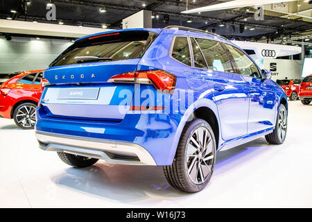 Poznan, Poland, March 2019: metallic blue Skoda Kamiq at Poznan International Motor Show, MQB A0 subcompact SUV produced by Skoda Auto Stock Photo