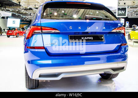 Poznan, Poland, March 2019: metallic blue Skoda Kamiq at Poznan International Motor Show, MQB A0 subcompact SUV produced by Skoda Auto Stock Photo