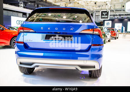 Poznan, Poland, March 2019: metallic blue Skoda Kamiq at Poznan International Motor Show, MQB A0 subcompact SUV produced by Skoda Auto Stock Photo