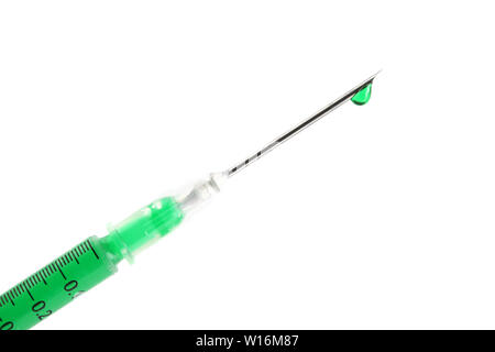 Syringe filled with green drug and dripping from the needle - isolated on white Stock Photo