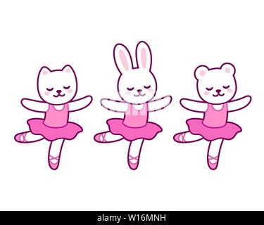 Cute cartoon animal characters dancing ballet. Little cat, rabbit and bear ballerinas in pink tutu. Kawaii and simple hand drawn vector illustration. Stock Vector