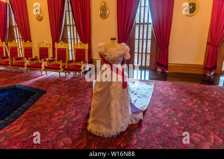 Interior of the Iolani Royal Palace in Honolulu, Oahu, Hawaii, Throne Room, white dress Stock Photo