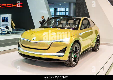 Poznan, Poland, March 2019 Skoda VISION E concept prototype car, Poznan International Motor Show purely electrically driven Skoda concept Stock Photo