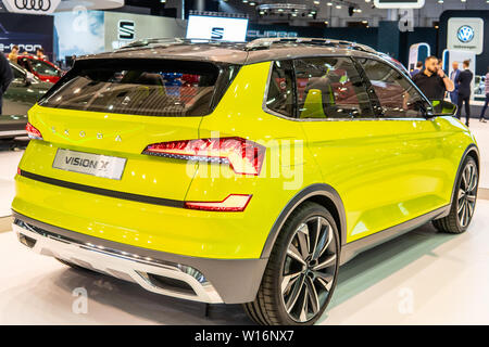 Poznan, Poland, March 2019: yellow Skoda VISION X concept prototype car, Poznan International Motor Show purely electrically driven Skoda concept Stock Photo