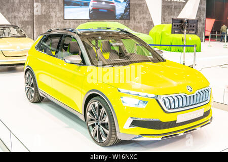Poznan, Poland, March 2019: yellow Skoda VISION X concept prototype car, Poznan International Motor Show purely electrically driven Skoda concept Stock Photo