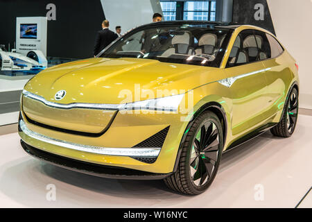 Poznan, Poland, March 2019 Skoda VISION E concept prototype car, Poznan International Motor Show purely electrically driven Skoda concept Stock Photo