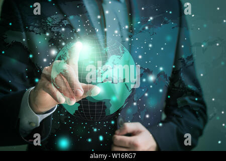 Man with digital model of Earth, closeup. Concept of global network connection Stock Photo