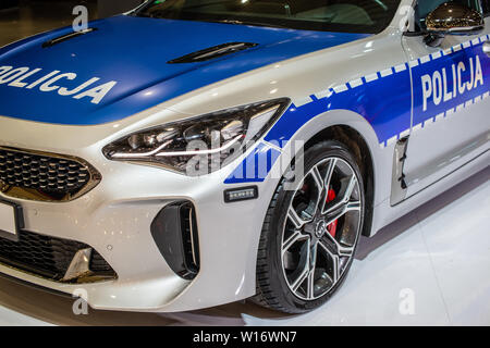 Poznan, Poland, March 2019 Kia Stinger POLICE POLICJA patrol cop cruiser car, Poznan International Motor Show, produced by Kia Motorh Stock Photo