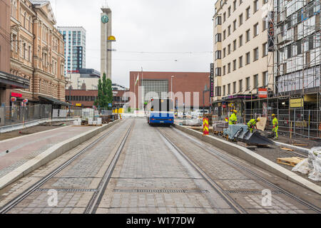 New tram tracks on Hämeenkatu street in Tampere Finland Stock Photo