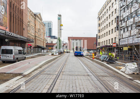 New tram tracks on Hämeenkatu street in Tampere Finland Stock Photo