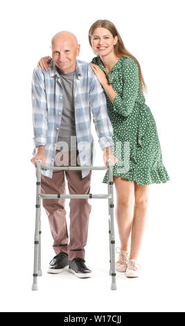 Elderly man with daughter on white background Stock Photo