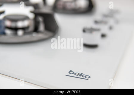 Lodz, Poland, July 2018 inside Saturn electronic store, Beko gas hobs produced by Beko on display for sale, consumer electronics brand of Arcelik Stock Photo