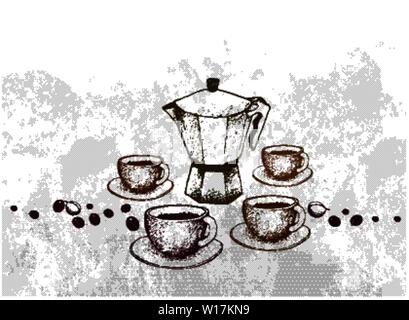 xpIllustration Hand Drawn Sketch of Coffee Beans with Moka Pot, A Coffee Maker or Italian Traditional Coffeemaker. Stock Vector