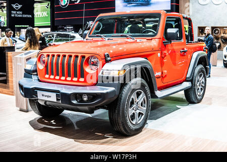 Brussels, Belgium, Jan 2019 metallic red Jeep Wrangler at Brussels Motor Show, 4th gen, JL four-wheel drive off-road vehicle manufactured by Jeep Stock Photo