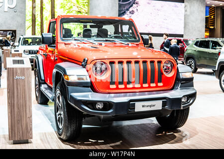 Brussels, Belgium, Jan 2019 metallic red Jeep Wrangler at Brussels Motor Show, 4th gen, JL four-wheel drive off-road vehicle manufactured by Jeep Stock Photo