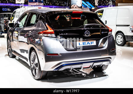 Brussels, Belgium, Jan 2019 silver Nissan Leaf at Brussels Motor Show, compact five-door hatchback electric car manufactured by Nissan Stock Photo