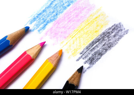 cmyk concept / wooden crayon texture with cyan blue red magenta yellow and black drawings on white paper background Stock Photo
