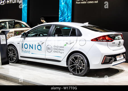 Brussels, Belgium, Jan 2019 white Hyundai IONIQ hybrid, Brussels Motor Show electric eco friendly car produced by South Korean Hyundai Stock Photo