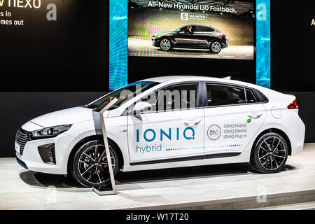 Brussels, Belgium, Jan 2019 white Hyundai IONIQ hybrid, Brussels Motor Show electric eco friendly car produced by South Korean Hyundai Stock Photo