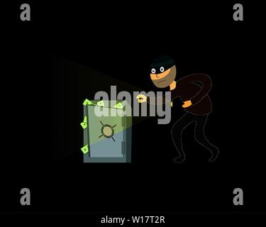 A thief steals money from the safe. Night. Vector illustration Stock Vector