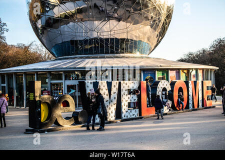 Brussels, Belgium, Jan 2019 Atomium, winter blue sky clouds, Atomium depicts nine iron atoms in shape of body-centred cubic unit cell of iron crystal Stock Photo