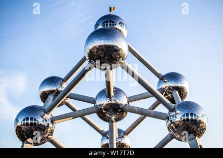 Brussels, Belgium, Jan 2019 Atomium, winter blue sky clouds, Atomium depicts nine iron atoms in shape of body-centred cubic unit cell of iron crystal Stock Photo