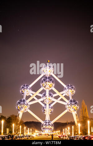Brussels, Belgium, Jan 2019: The Atomium in night, Atomium depicts nine iron atoms in shape of body-centred cubic unit cell of iron crystal Stock Photo