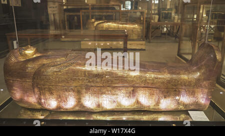 CAIRO, EGYPT- SEPTEMBER, 26, 2016: gilded sarcophagus of queen tjuya in cairo Stock Photo