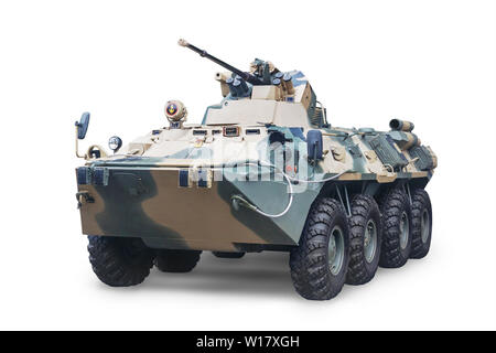 Armored personnel carrier 82-a or armored transporter, BTR-82a - transport and combat vehicle for transporting soldiers. Isolated on white background. Stock Photo