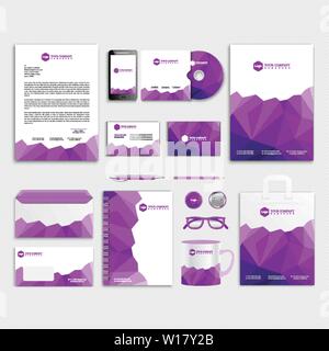 Purple corporate identity template design with color geometric elements. Business stationery - Vector Stock Vector