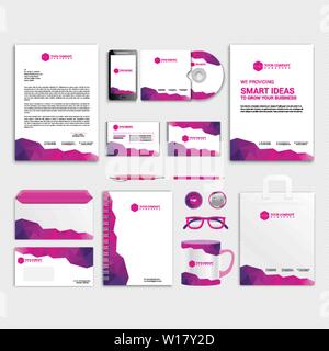 Purple and pink corporate identity template design with color geometric elements. Business stationery - vector Stock Vector