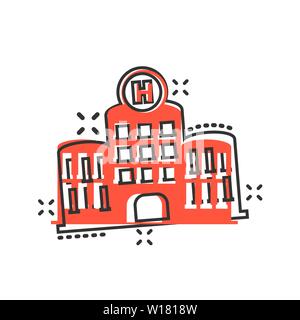 Hospital building icon in comic style. Infirmary vector cartoon illustration on white isolated background. Medical ambulance business concept splash e Stock Vector