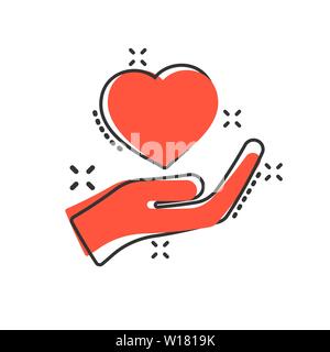 Heart care icon in comic style. Charity vector cartoon illustration on white isolated background. Love in hand business concept splash effect. Stock Vector