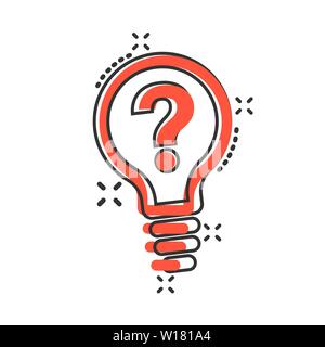 Problem solution icon in comic style. Light bulb idea vector cartoon illustration on white background. Question and answer business concept splash eff Stock Vector