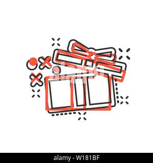 Gift box icon in comic style. Magic case vector cartoon illustration on white isolated background. Present business concept splash effect. Stock Vector