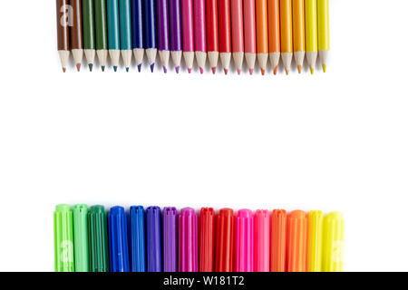 Closeup images of many color pencils isolated on white background. Flat lay, top view, school concept Stock Photo
