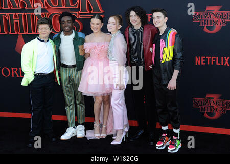 Gaten Matarazzo, Caleb McLaughlin, Millie Bobby Brown, Sadie Sink, Finn Wolfhard and Noah Schnapp at the world premiere of Season 3 of the Netflix TV series 'Stranger Things' at Barnum Hall. Santa Monica, 28.06.2019 | usage worldwide Stock Photo