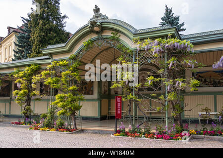 Detail view on historical building Wandelhalle in City Meran. Province Bolzano, South Tyrol, Italy. Europe. Stock Photo