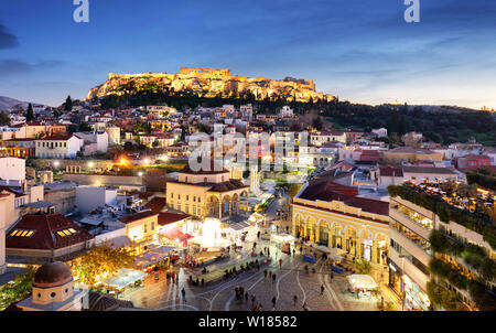 Athens, Greece -  Monastiraki Square and ancient Acropolis Stock Photo