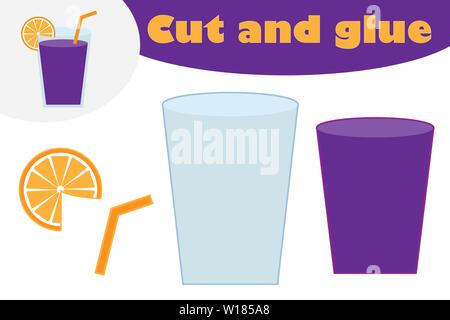 Glass of juice in cartoon style, education game for the development of preschool children, use scissors and glue to create the applique, cut parts of Stock Vector