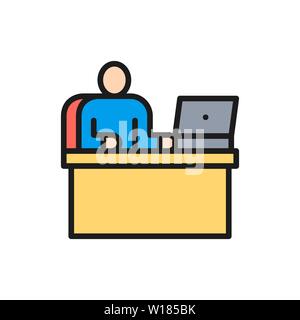 Vector man at workplace, office working, boss flat color line icon. Stock Vector