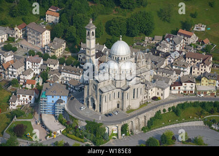 AERIAL VIEW. The Sanctuary of 'Madonna del Sangue'. Re, Val Vigezzo, Province of Verbano-Cusio-Ossola, Piedmont, Italy. Stock Photo