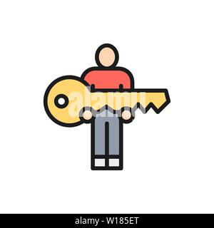 Vector human hold big key flat color line icon. Stock Vector