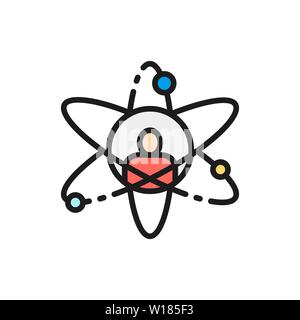 Vector man in atom, scientist, personal development flat color line icon. Stock Vector