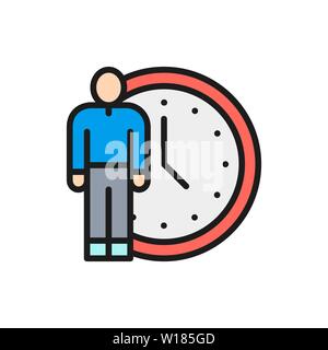 Vector human with clock, time management flat color line icon. Stock Vector