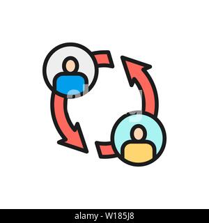 Vector two people with arrows, employee replacement flat color line icon. Stock Vector